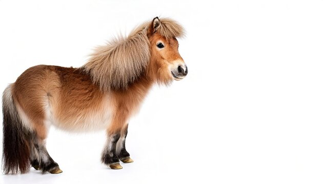 Shetland pony, a Mini or miniature horse is hardy and strong with a small head, widely spaced eyes and small and alert ears.  Adorable, funny, cute isolated on white background with copy space