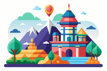 Colorful Cityscape with a Large Building and Mountain Range