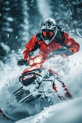 Snowmobile Rider in Red Jacket Navigating Through Snowy Forest in Winter Wonderland