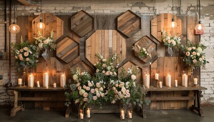 Fototapeta premium rustic wedding backdrop with a wooden hexagon decorated with greenery and flowers