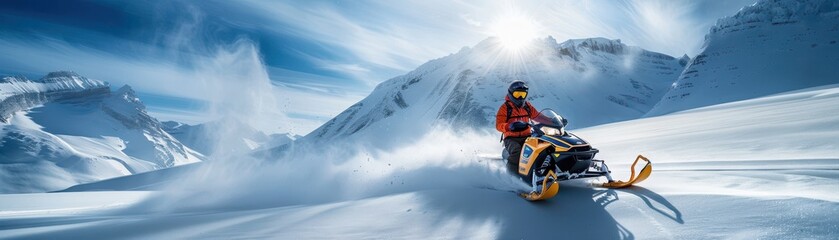 Adventurous Snowmobiler Riding Through Pristine Snowy Mountains Under a Clear Blue Sky