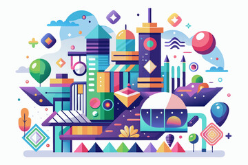 Abstract Colorful Cityscape with Geometric Shapes and Balloons