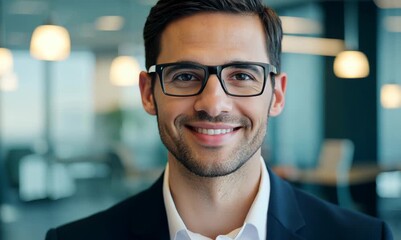 Head and shoulders shot video of a professional insurance agent smiling in a contemporary office space