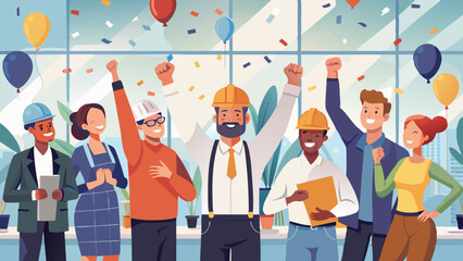 Diverse Workers Celebrating Labor Day in Office with Confetti and Balloons