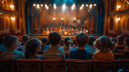 A group of children watching a puppet show in a theater,