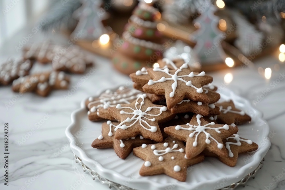 Poster closeup of iced gingerbread stars on a white plate against a blurred christmas decoration background