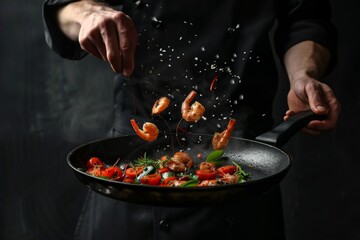 Chef cooking seafood dish in pan with shrimp and vegetables. This culinary image captures the art of cooking. Perfect for food blogs or recipe books. Professional and dynamic. Generative AI