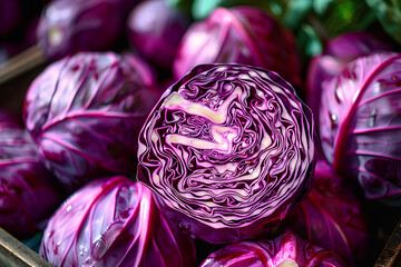Fresh red cabbage heads are piled together, showing a vibrant purple color and interesting texture
