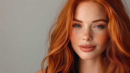 Naklejka premium beautiful red hair woman with long wavy hairstyle, fashion portrait isolated on grey background
