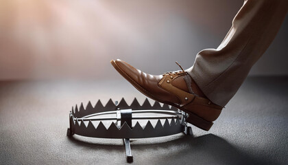 A man's leg stepping into a bear trap symbol of debts and financial pitfalls