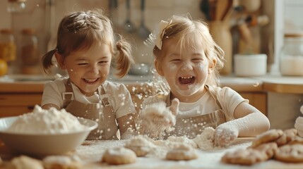 photo of happy laughing children boy and girl in aprons cooking cookies at home in the kitchen