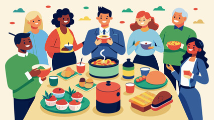 Office Potluck: A diverse array of homemade dishes brought by employees for a Labor Day potluck lunch.
