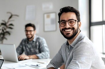 Fototapeta premium A smiling man and woman sitting at an office desk, using laptops