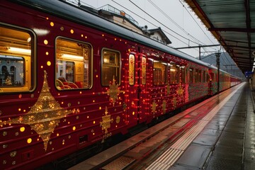 Obraz premium Beautifully lit train decorated with holiday lights stands at a station during evening hours