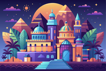 Fototapeta premium Colorful Nighttime Cityscape with Domed Buildings and Pyramids