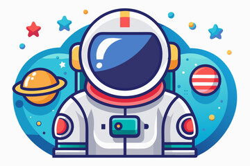 Cartoon Astronaut in Space with Planets and Stars