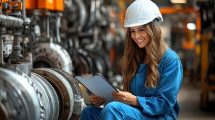 Female engineer inspecting machinery in factory