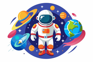Fototapeta premium Astronaut in Space Surrounded by Planets and Stars