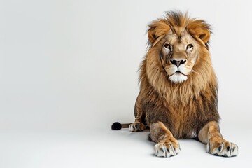 Obraz premium A majestic lion resting calmly against a plain background.