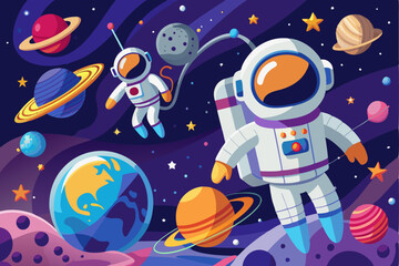 Naklejka premium Two Astronauts Floating in Space with Planets and Stars