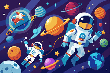 Naklejka premium Astronauts Floating in Space Amongst Planets and Stars