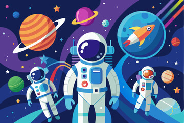 Naklejka premium Astronauts Exploring the Vastness of Space with Planets and Stars