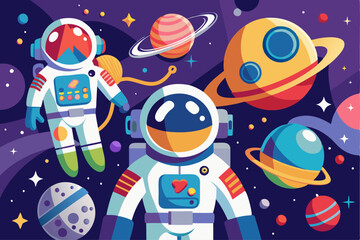 Two Astronauts Floating in Space with Planets and Stars