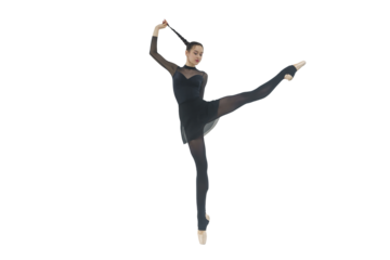 young ballerina in a black leotard shows an eversion of the foot and plastic surgery, holding on to the braid, hanged, young ballerina in a black leotard shows the eversion of her feet with her hands 