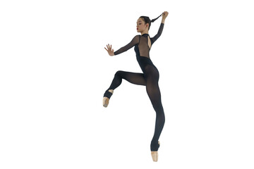 young ballerina in black leotard shows an eversion of the foot and flexibility leaning on the wall, a wide angle, young ballerina in a black leotard shows the eversion of her feet with her hands on he