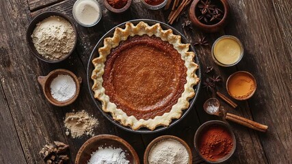Rustic Pumpkin Pie with Ingredients on Wooden Table