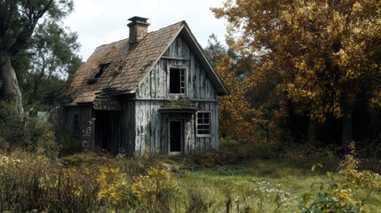 Fototapeta premium Abandoned Wooden House in the Woods - An abandoned wooden house stands in the middle of a forest, surrounded by trees and overgrown vegetation. The house appears old and dilapidated, with broken windo