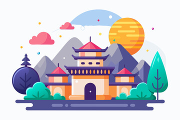 Naklejka premium Colorful Illustration of a Japanese Pagoda in a Mountainous Landscape