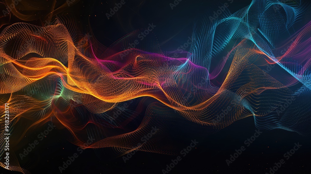Poster colorful abstract waves in a dark background, creating a vibrant and dynamic visual effect for artis