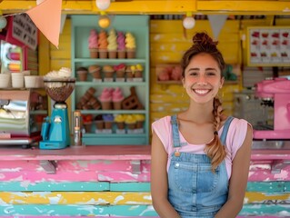 Charming Ice Cream Stand at Summer Festival with Colorful Signage and Cheerful Vendor