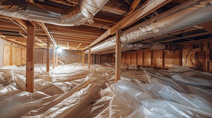 Fototapeta premium Air-conditioned crawl space with ductwork and insulation
