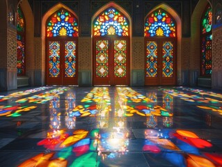 A vibrant interior with stained glass windows casting colorful reflections on the floor.