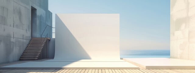 The backdrop is a large white sheet with a staircase in one corner. The background has a grey wall and a slight dark blue sky.