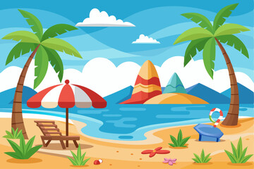 Fototapeta premium Idyllic Beach Scene with Palm Trees, Umbrella, and Beach Chair