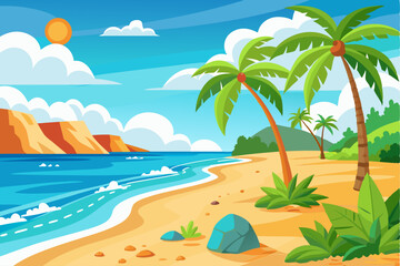 Obraz premium Tropical Beach Scene with Palm Trees and Mountains