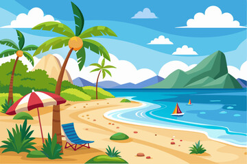 Fototapeta premium Tropical Beach Scene with Palm Trees, Mountains, and a Beach Chair