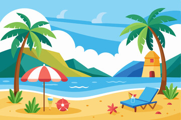 Obraz premium Beach Scene with Palm Trees, an Umbrella, and a Lounger