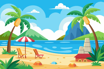 Tropical Beach Scene with Palm Trees, Beach Chairs, and an Umbrella