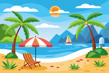 Obraz premium Idyllic Beach Scene with Palm Trees, Sun, and Sailboat