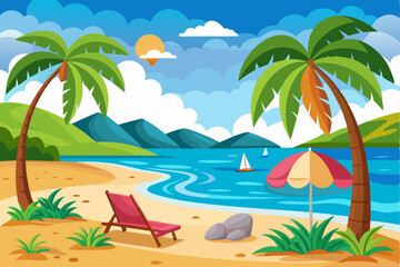 Fototapeta premium Idyllic Beach Scene with Palm Trees, Lounging Chair, and Sailboats