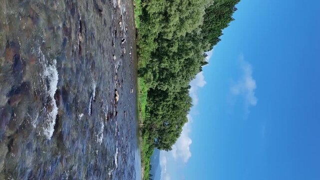 縦型動画　SNS　川と森林　山　青空　自然風景　空撮　ドローン撮影