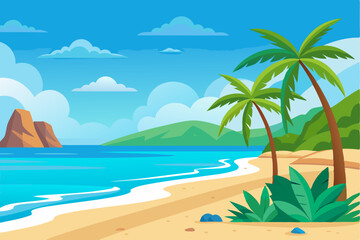 Obraz premium Tropical Beach Scene with Palm Trees and Turquoise Water