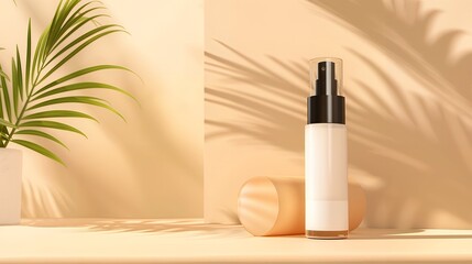 A makeup primer bottle mock-up positioned in front of a light tan gradient background. The bottle is elegantly designed, with sleek lines and a minimalist label