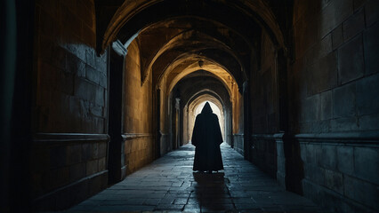 Fototapeta premium A mysterious and terrifying ghostly figure stands in an empty room