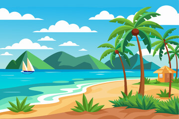 Obraz premium Tropical Beach Scene with Palm Trees, a Hut, and a Sailboat