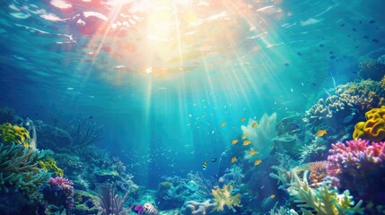 Fototapeta premium Oceanic Odyssey. Breathtaking underwater scene with sunlight illuminating diverse marine life